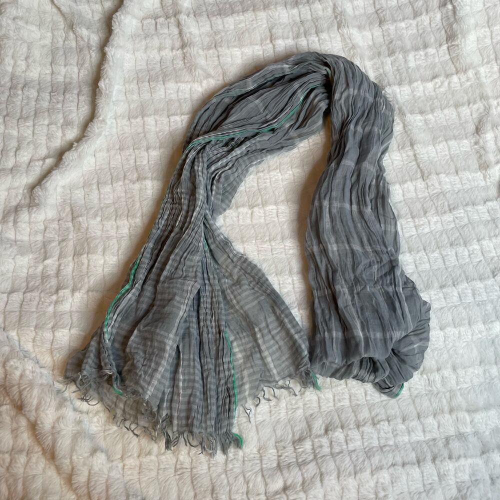 Grey Plaid Fringe Raw Hem Lightweight Scarf